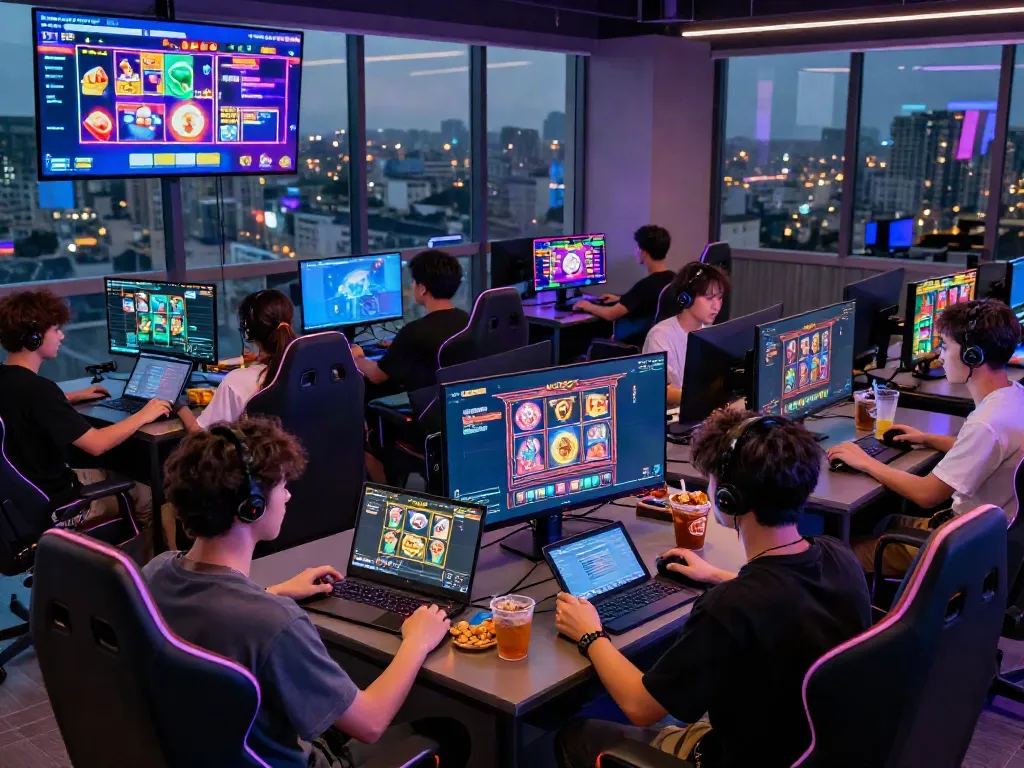 Exciting gaming lounge showcasing a vibrant PG SOFT slot server thailand atmosphere with friends engaging in action.