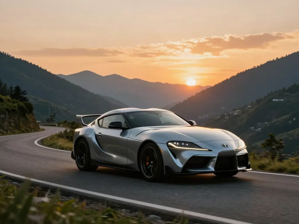 The A80 platform capturing a Toyota Supra A80 driving through a scenic mountain road at sunset.