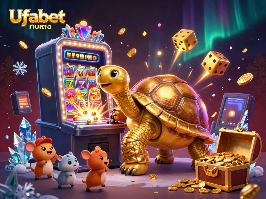 Engage with the exciting Ufabet เว็บตรง experience through a vibrant 3D casino scene featuring a golden tortoise pinball machine.