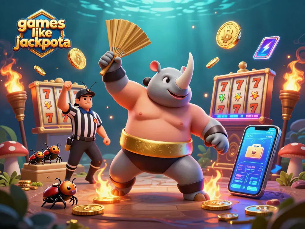 Engage with games like jackpota in a vibrant casino-themed 3D illustration featuring unique characters and symbols.