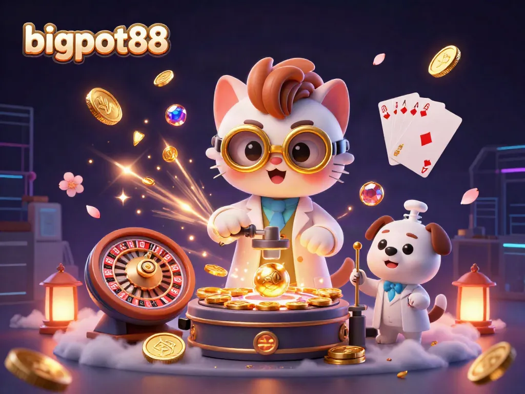 Experience the thrill of bigpot88's gaming world with a dynamic scene of gold-coin replication and casino excitement.