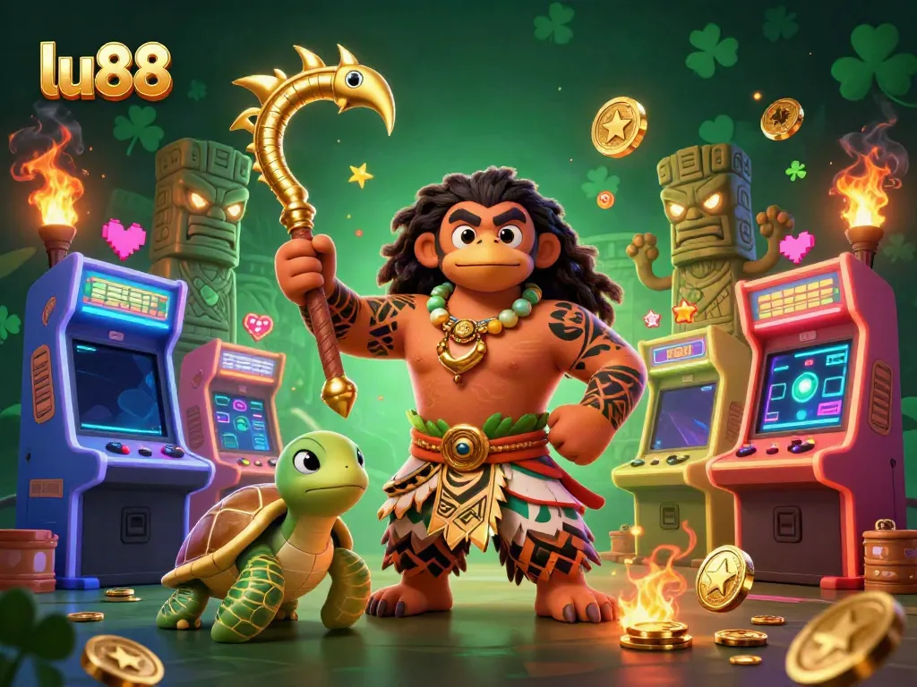 Spin the reels on lu88 with a dynamic 3D illustration featuring a tribal demigod and vibrant casino elements.