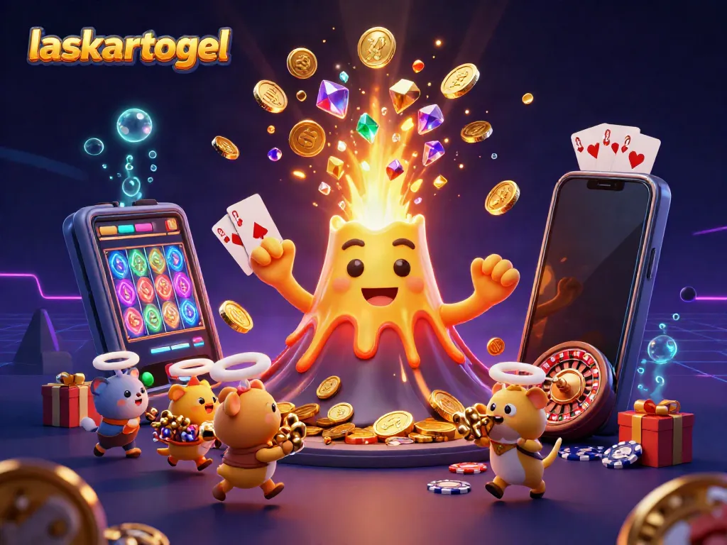 Experience excitement with laskartogel as a golden volcano erupts coins and treasures in a vibrant casino scene.