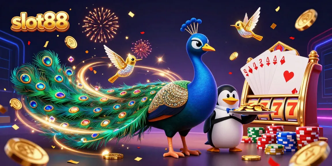 Menangkan jackpot dengan slot88 melalui ilustrasi kasino megah yang menampilkan merak dan penguin.
