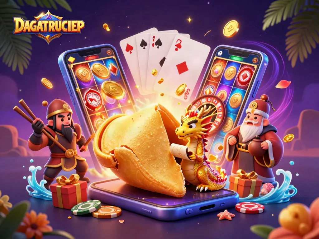 DAGATRUCTIEP unleashes golden coins in a vibrant online gambling scene with dynamic 3D characters.