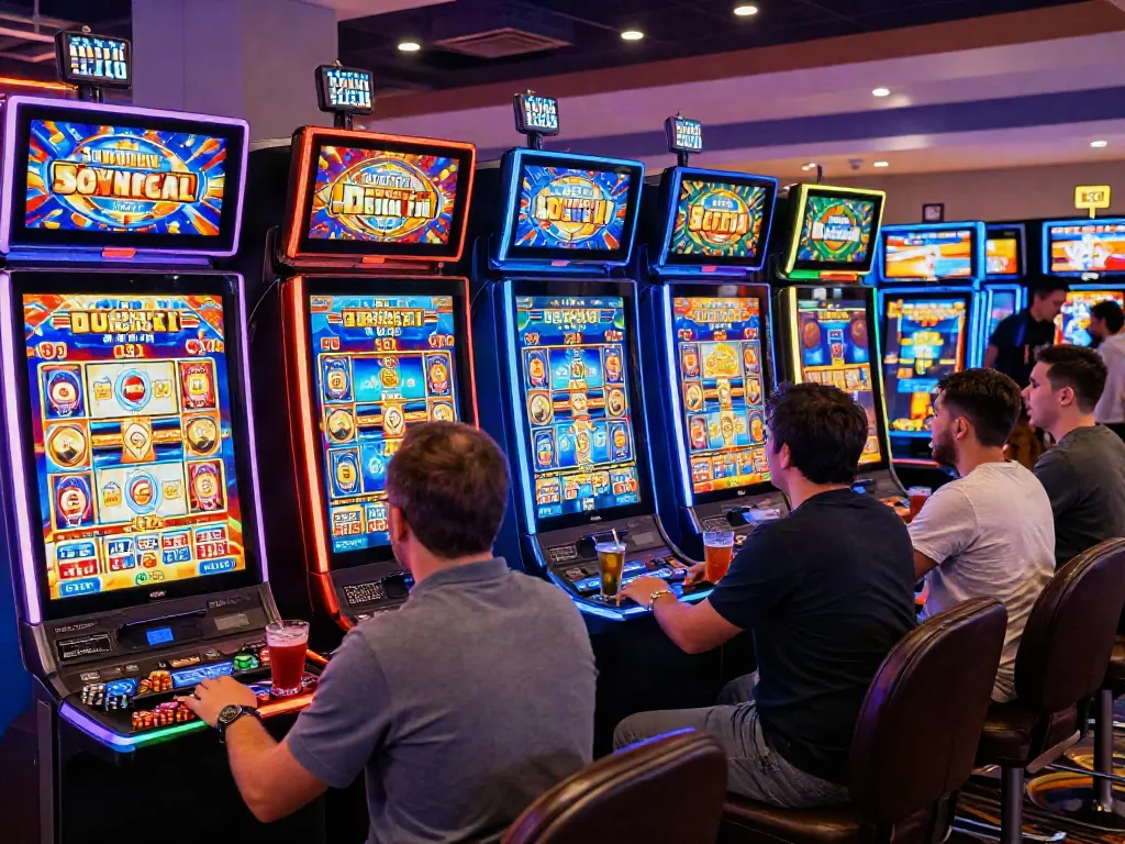 Exciting casino scene with players engaged at slot machines vying for slot jackpots