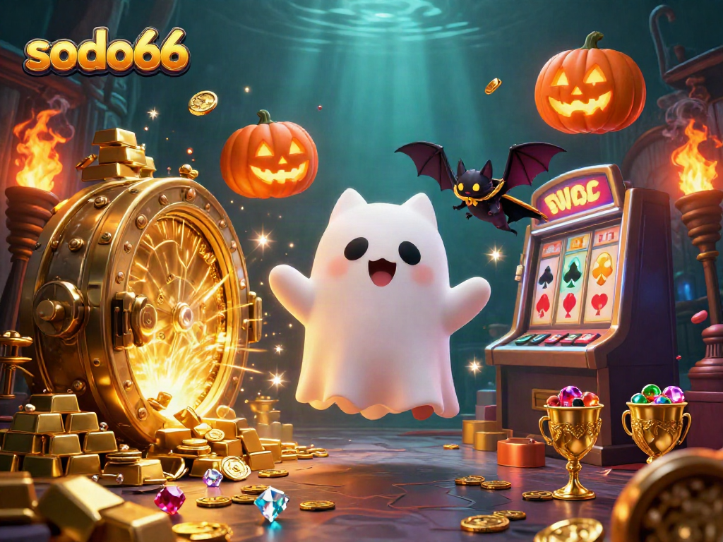 Win big at sodo66 with a playful ghost cat and bat in a vibrant casino scene alive with treasures.