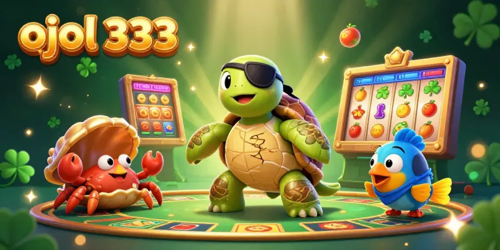 Engage in online gaming excitement with ojol 333 and vibrant animated characters in a bustling casino setting.