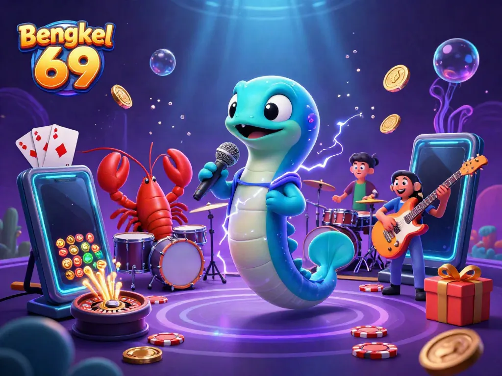 Experience thrilling games at Bengkel 69 with vibrant visuals of underwater slots and energetic characters.