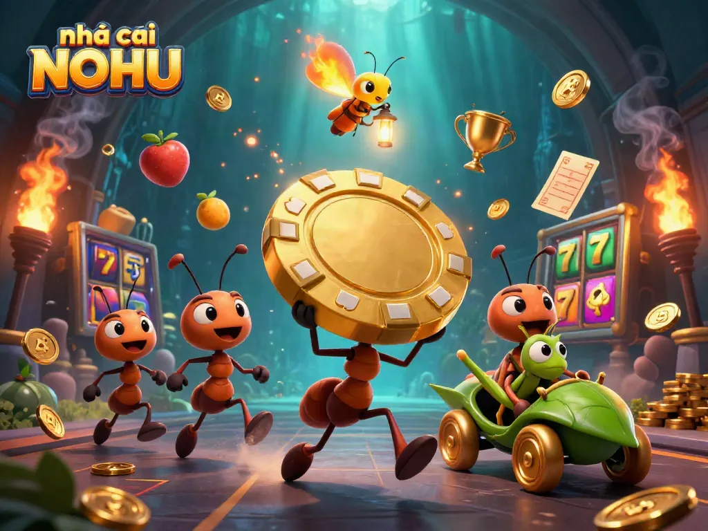 Catch a glimpse of nhà cái NOHU with vibrant 3D cartoon ants stealing a giant poker chip in a chaotic casino setting.