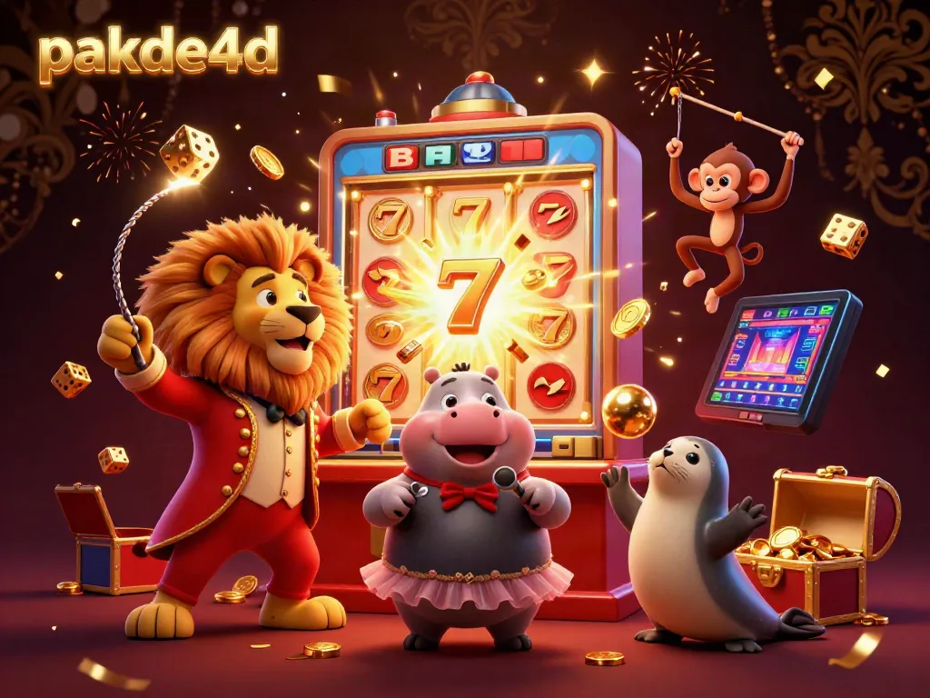 Experience the vibrant pakde4d scene with a circus lion and festive slot machine bursting with excitement.