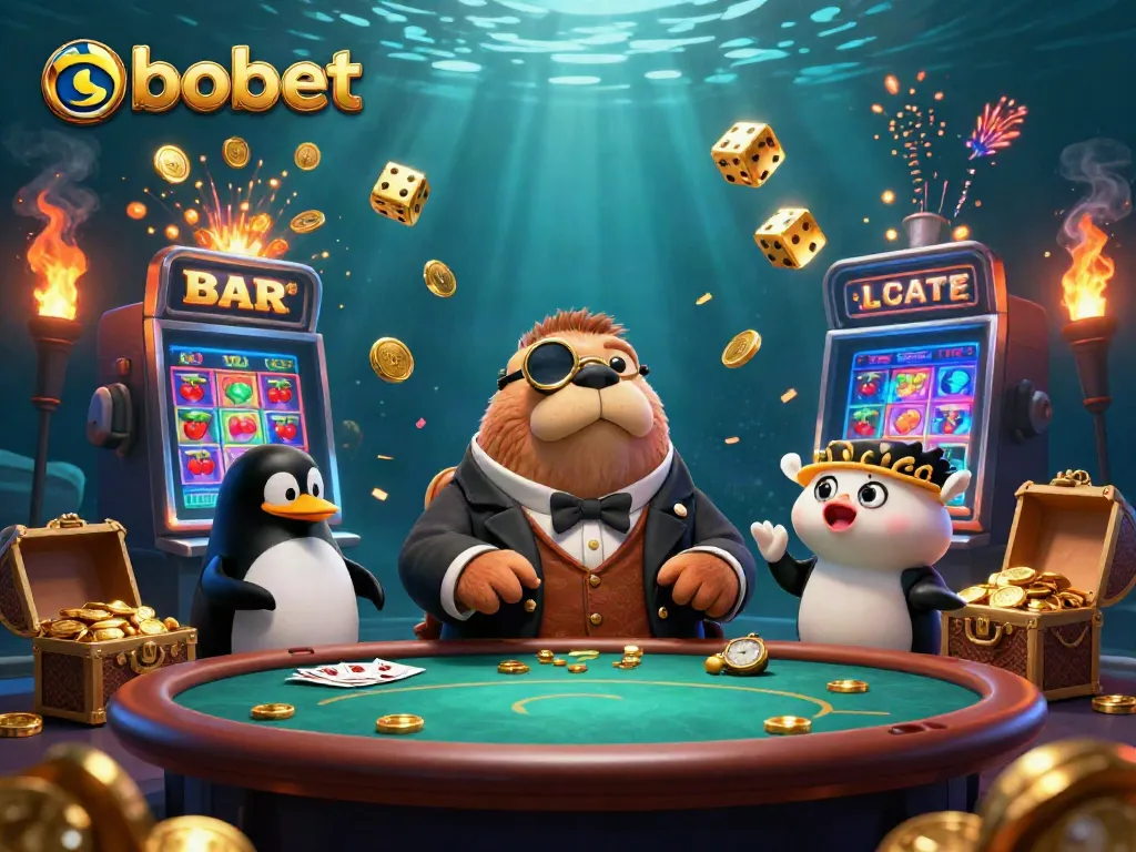 Engage in sbobet betting at this lively underwater casino featuring a walrus and penguin dealer.
