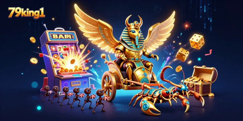 Experience thrilling moments with 79king1 in this vibrant 3D illustration featuring a golden scarab and jackpot excitement
