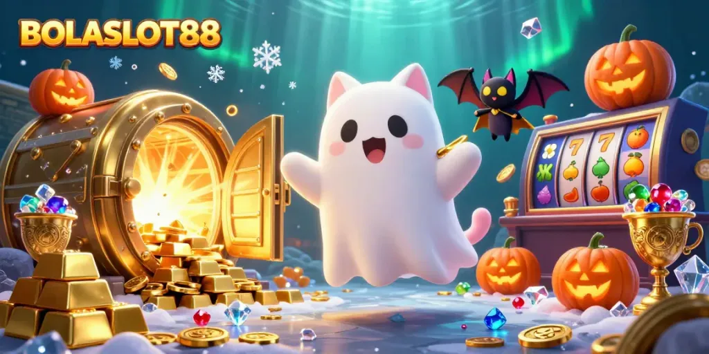 BOLASLOT88 showcases a ghost cat and vampire bat in a vibrant casino filled with slots and winning treasures.