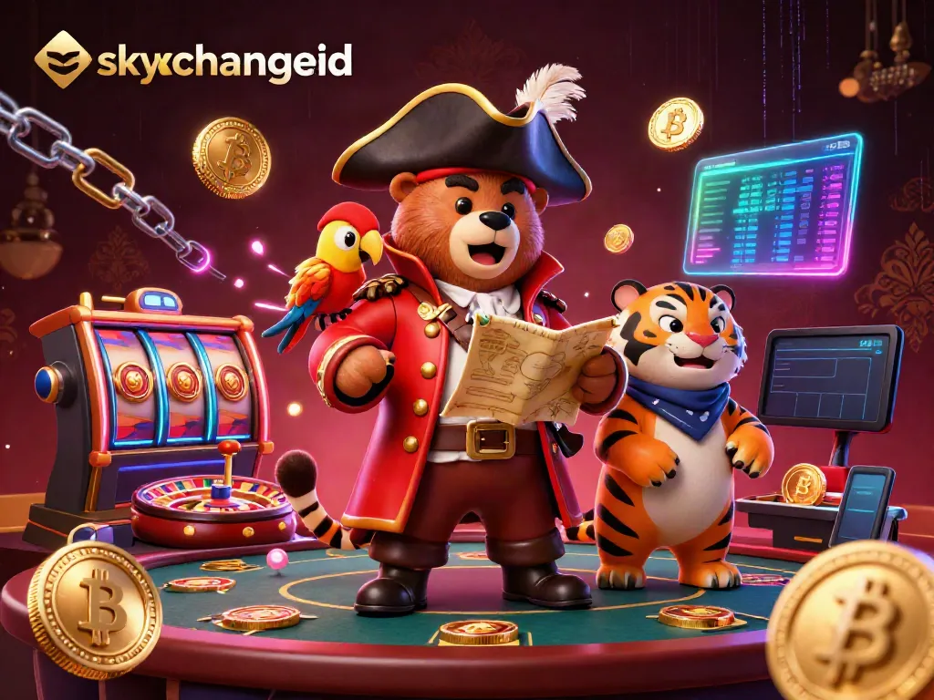 Engage in thrilling gambling with skyxchangeid as a pirate captain bear and friends explore a vibrant casino.