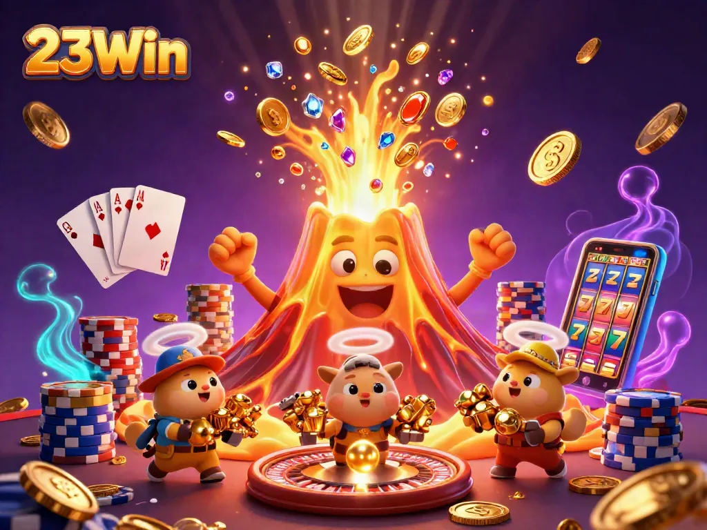 Experience thrilling wins with 23Win's triumphant slot volcano and treasure explosion in a vibrant casino scene.