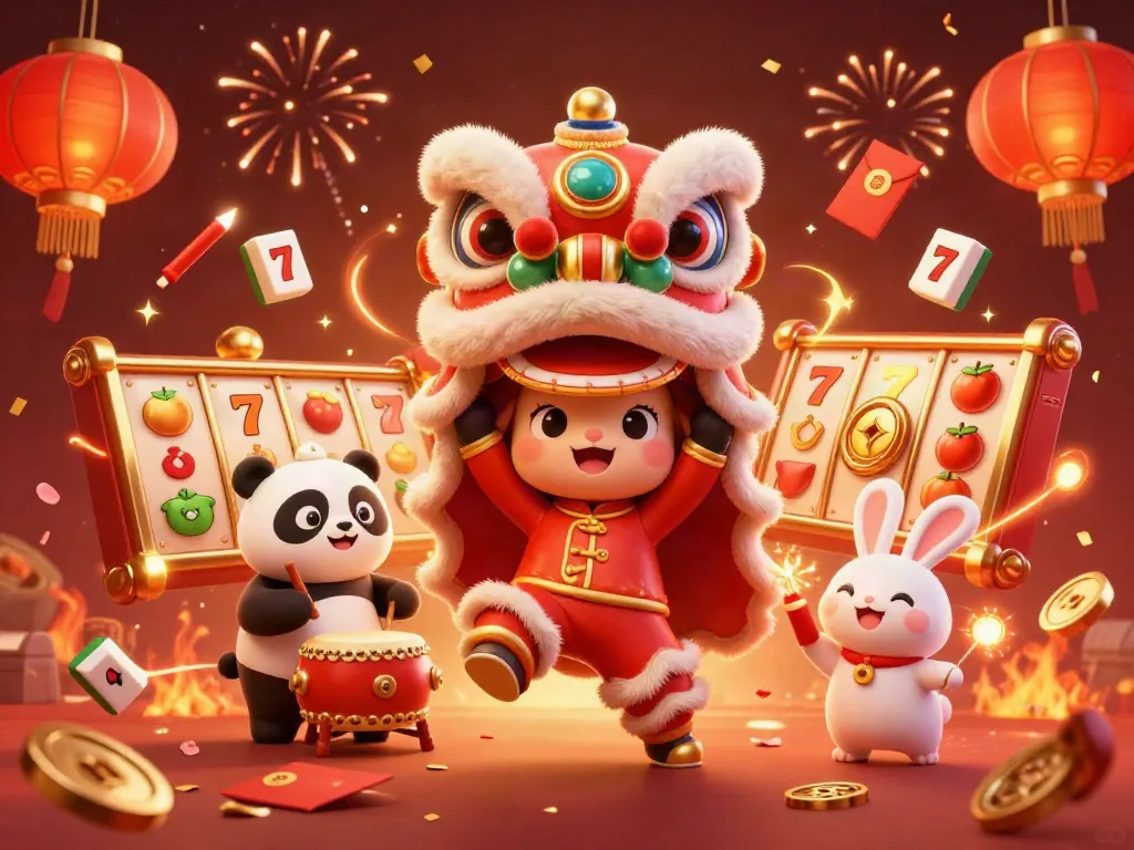 Experience thrilling slot action with a vibrant Chinese New Year celebration in a dynamic digital illustration.