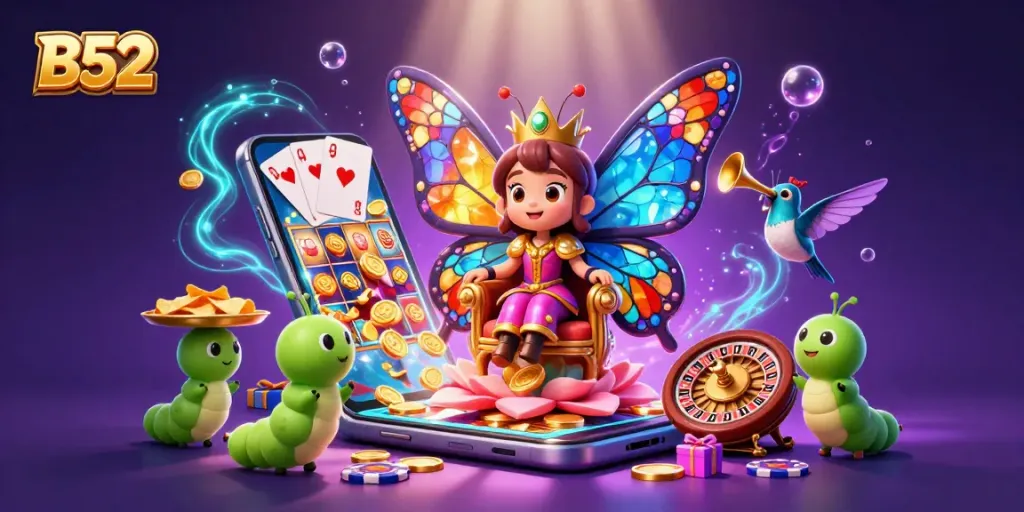 B52 players enjoying a vibrant casino scene with dynamic slot games, vibrant colors, and shimmering coins.