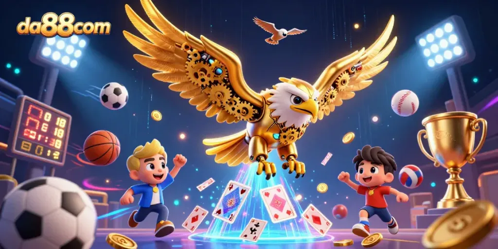 Engage with the exhilarating world of da88com featuring dynamic 3D gaming elements and a majestic golden eagle symbolizing success.