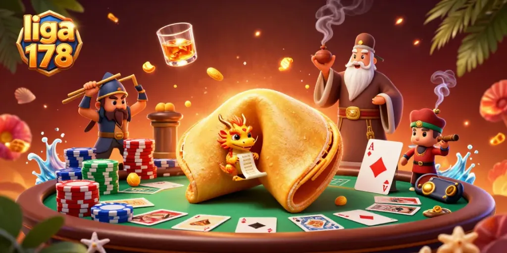 Menggali kesempatan menang di liga 178 dengan ilustrasi kasino, poker, dan karakter fantastis.