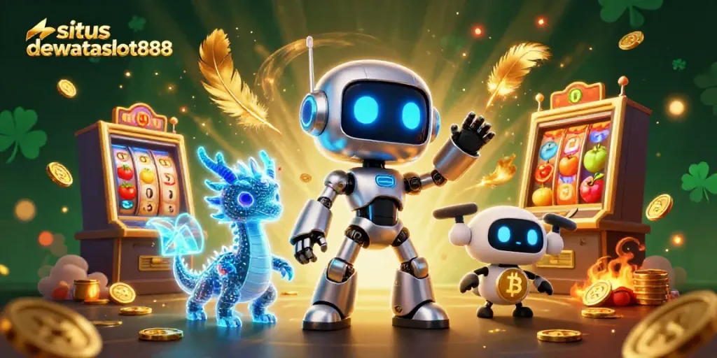 Gali jackpot menarik di situs dewataslot888 dengan robot cyberpunk dan naga AI di arena slot.