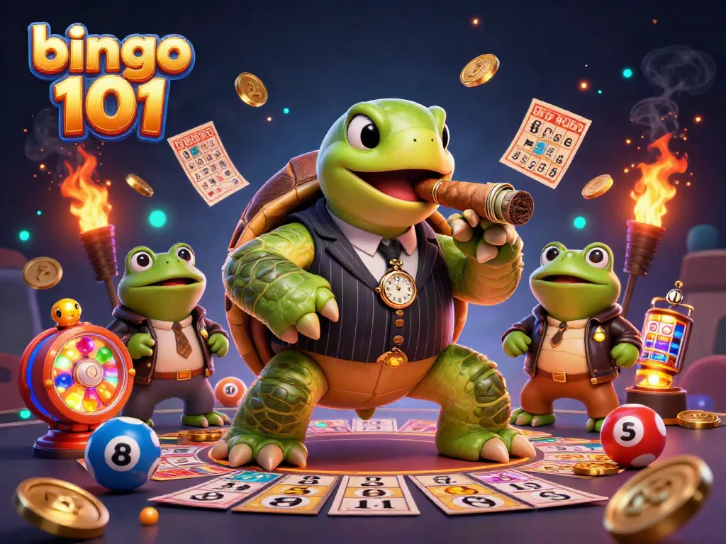 Bingo 101 mobile gaming scene with a snapping turtle and bullfrog enforcers celebrating bingo wins amidst vibrant game elements.