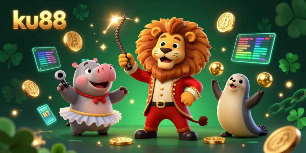 Experience thrilling games at ku88 with a vibrant 3D circus themed scene featuring playful characters.