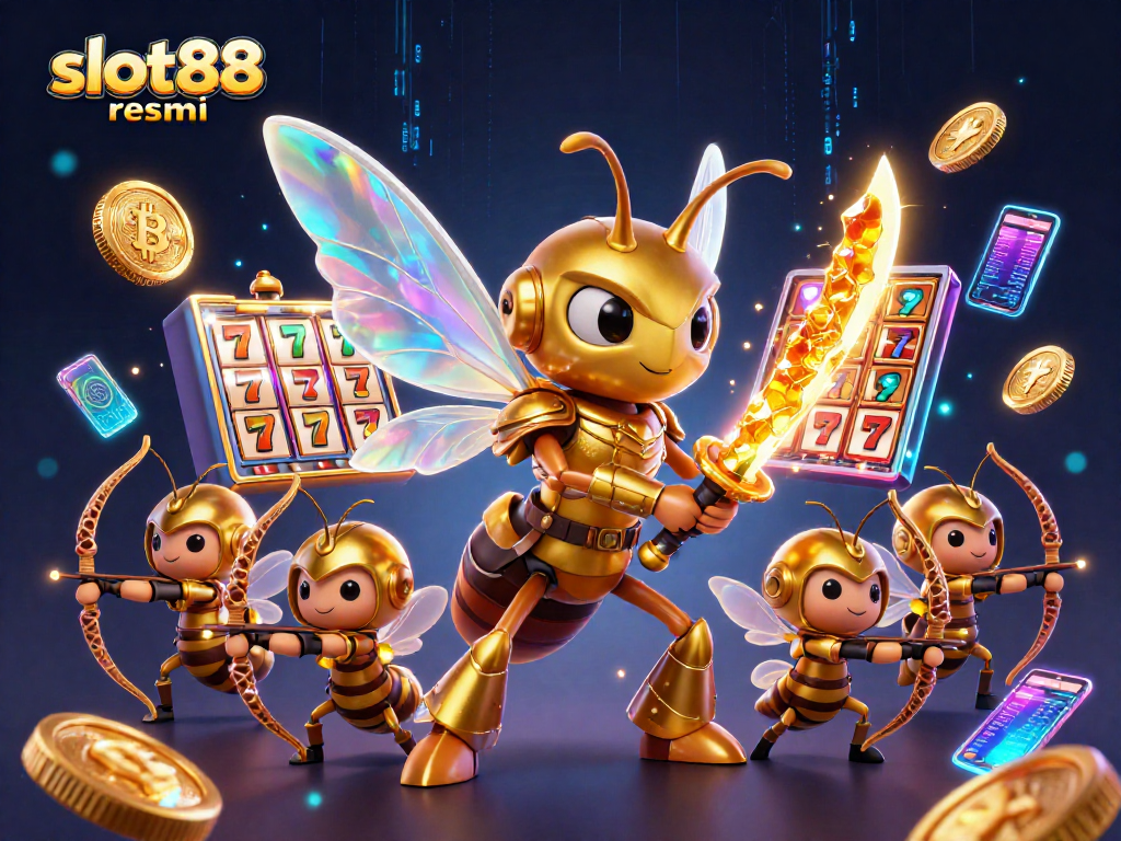 Experience the excitement of slot88 resmi with a thrilling illustration featuring a golden hornet samurai in a vibrant casino setting.