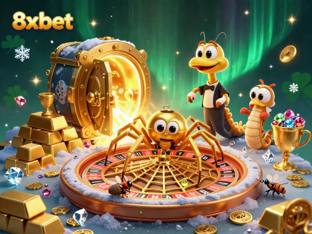 Experience thrilling bets at 8xbet with a golden web roulette scene featuring a playful spider and diamond gems.