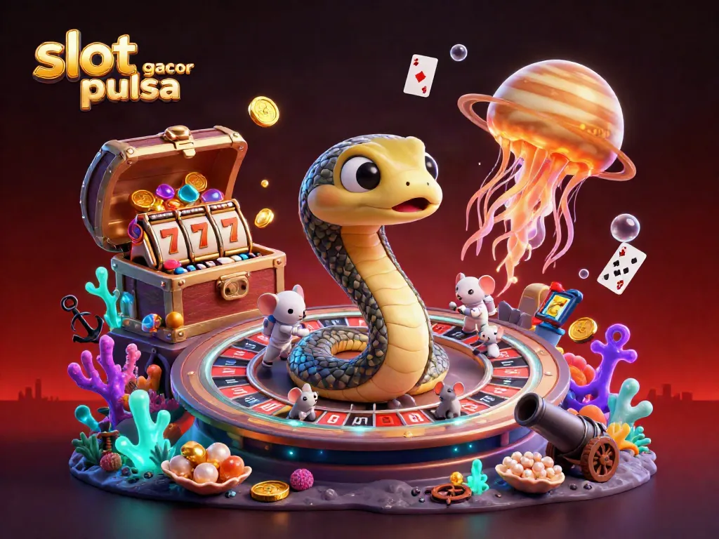 Engaging 3D cartoon scene depicting slot gacor pulsa with snake roulette and astronaut mice placing bets.