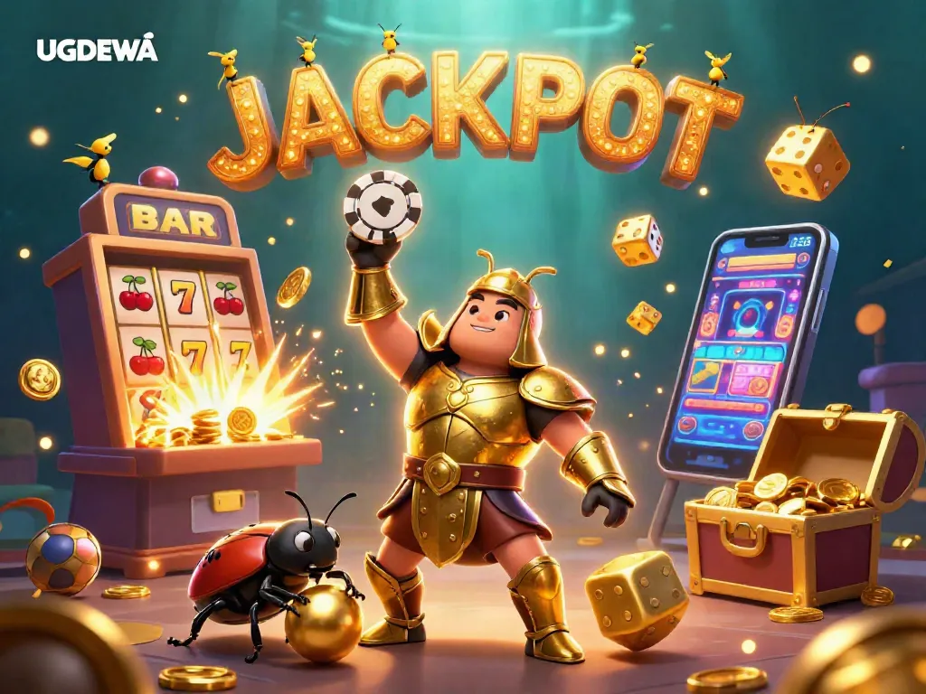 Experience thrilling gameplay with UGDEWA's vibrant 3D jackpot scene, showcasing exciting casino elements.