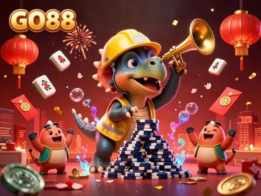 Experience the excitement of GO88 with a fun triceratops stacking poker chips in a vibrant casino scene.