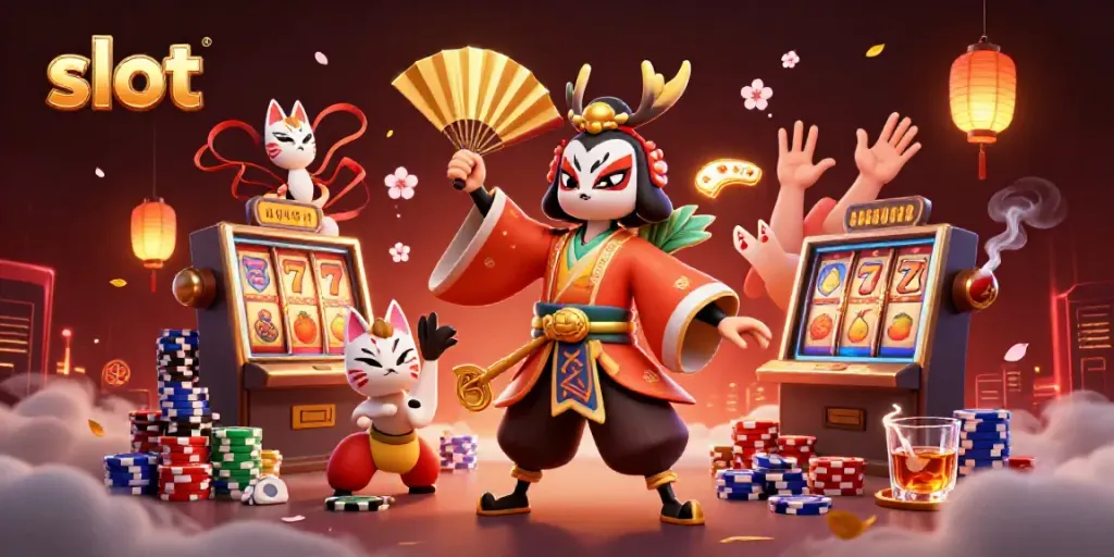 Panduan slot dengan mesin dan pahlawan kabuki di kasino, menarik perhatian pemain yang bermain.