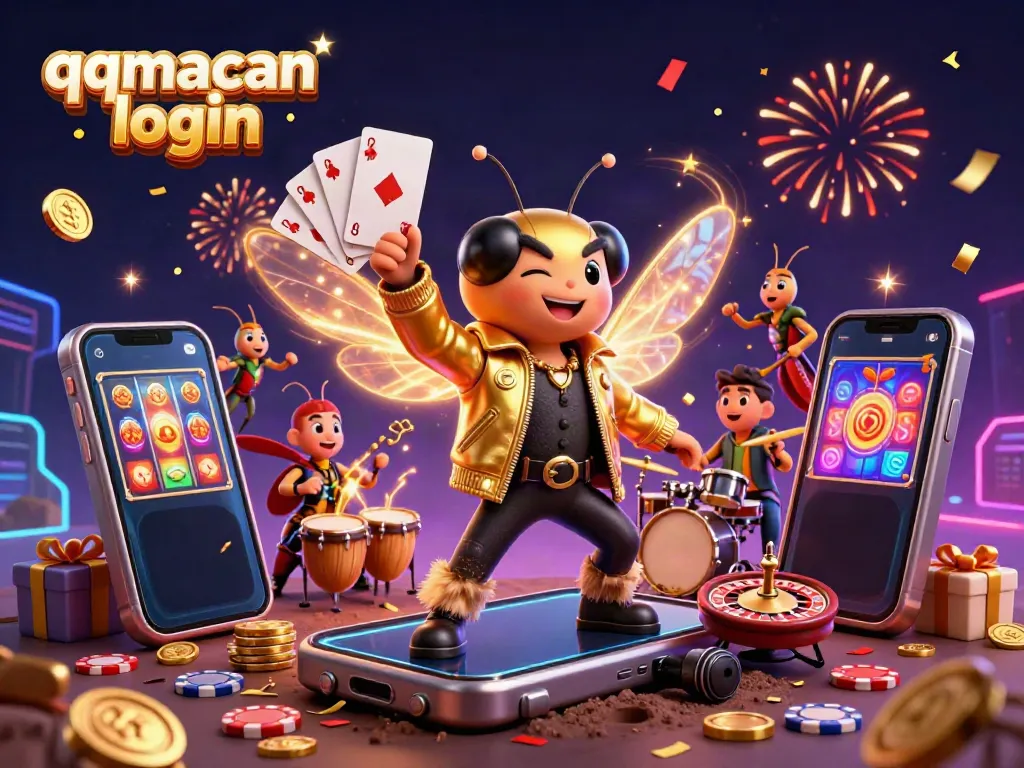 Experience qqmacan login excitement with a vibrant casino scene featuring a rock star and festive game elements.
