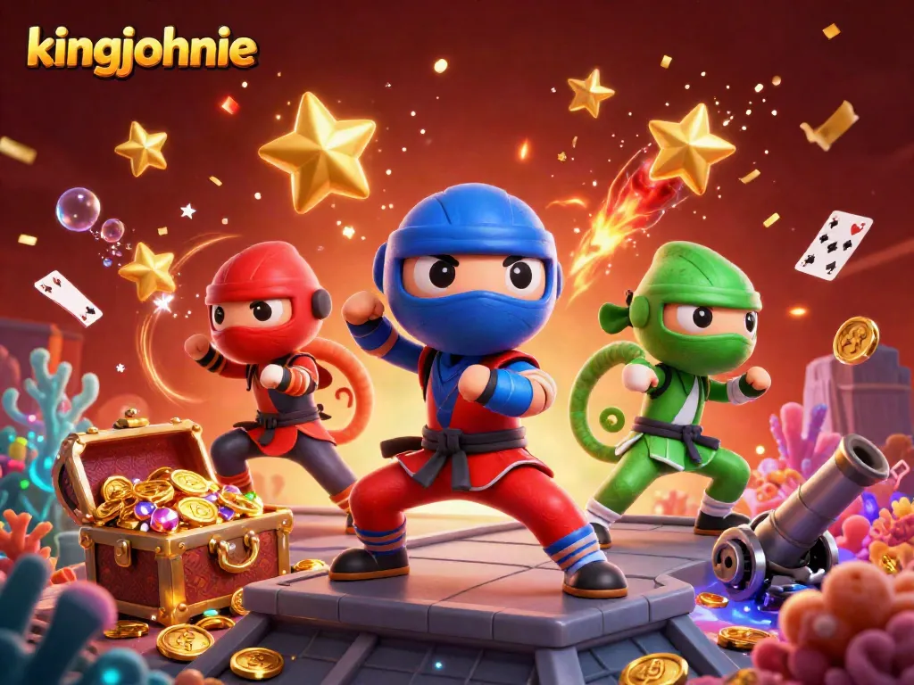 Engage with kingjohnnie and witness an exciting scene of ninja chameleons in action amidst a vibrant casino explosion.