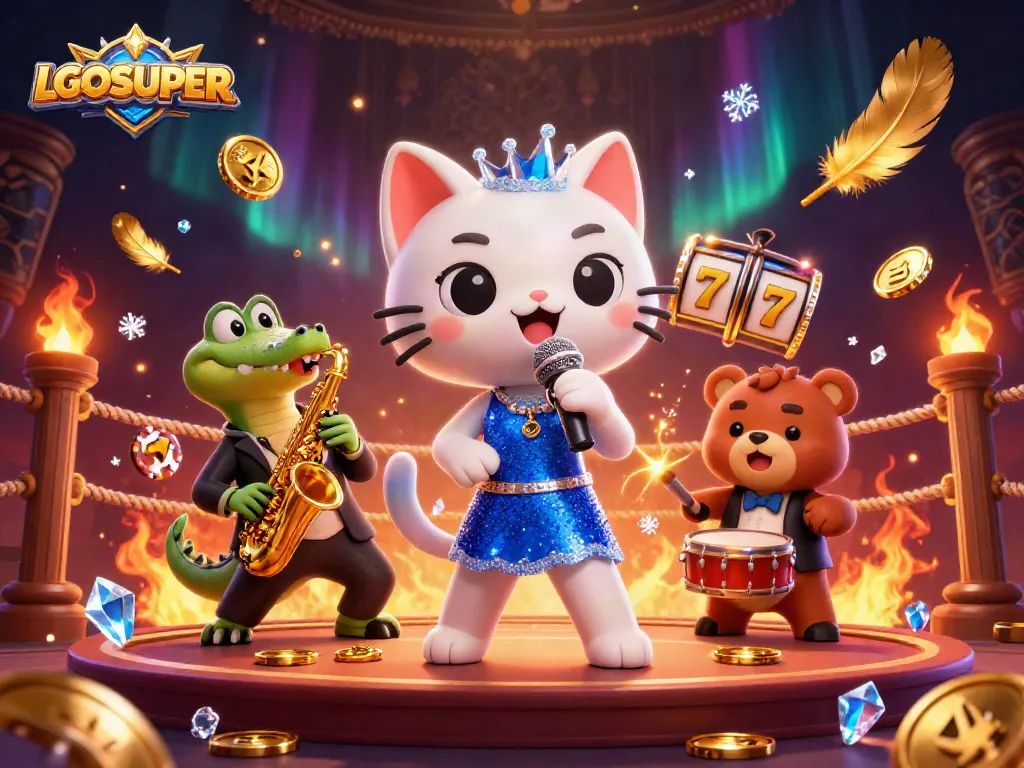 Engage with LGOSUPER's vibrant casino world via a lively scene with captivating characters and gaming elements.