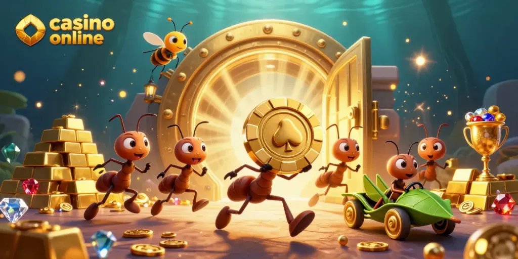 Semut membawa chip poker emas besar untuk permainan casino online, dikelilingi harta karun berkilau.