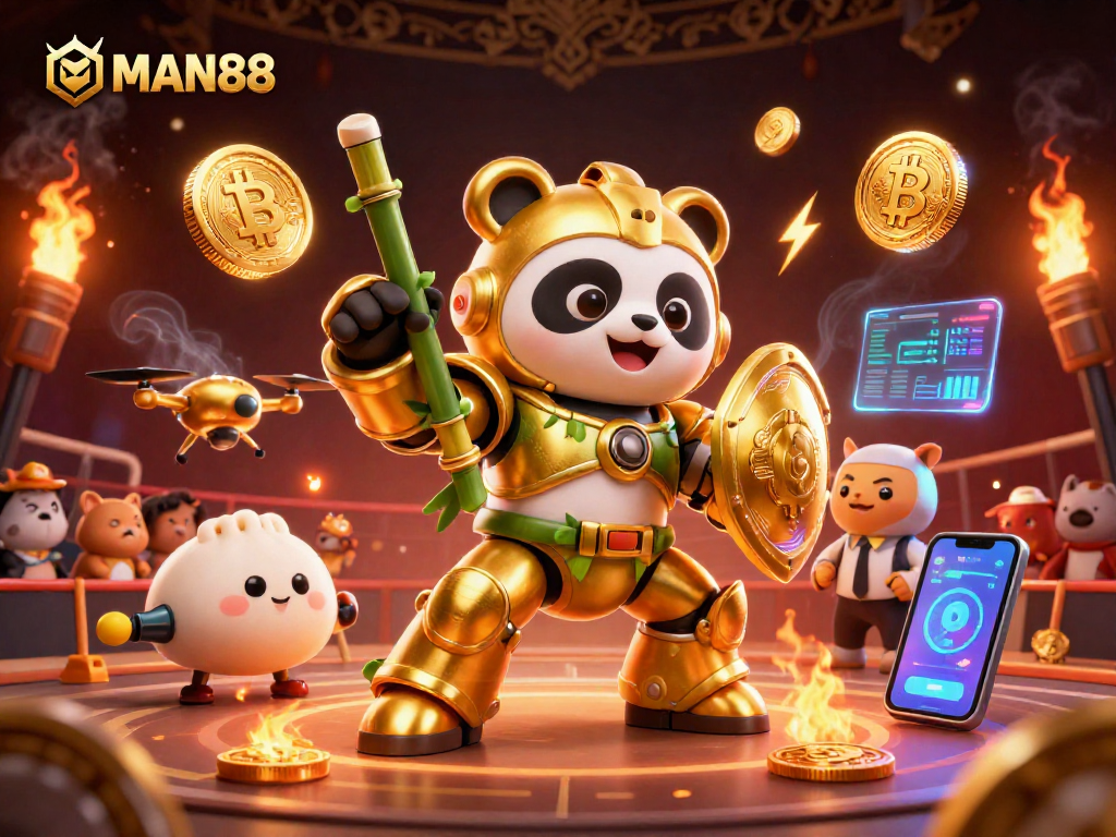 Experience thrilling action at MAN88 with a golden panda in a mech-suit battling in a vibrant casino arena.