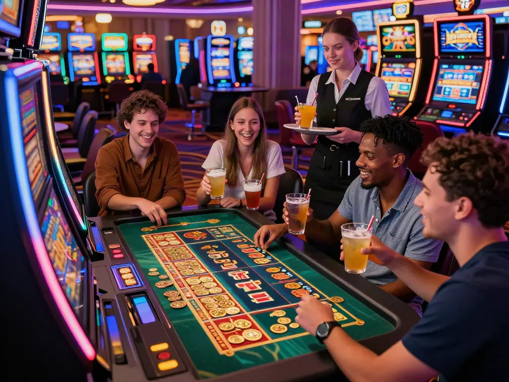 Friends enjoying Lucky777 slots in a lively casino atmosphere with neon lights.