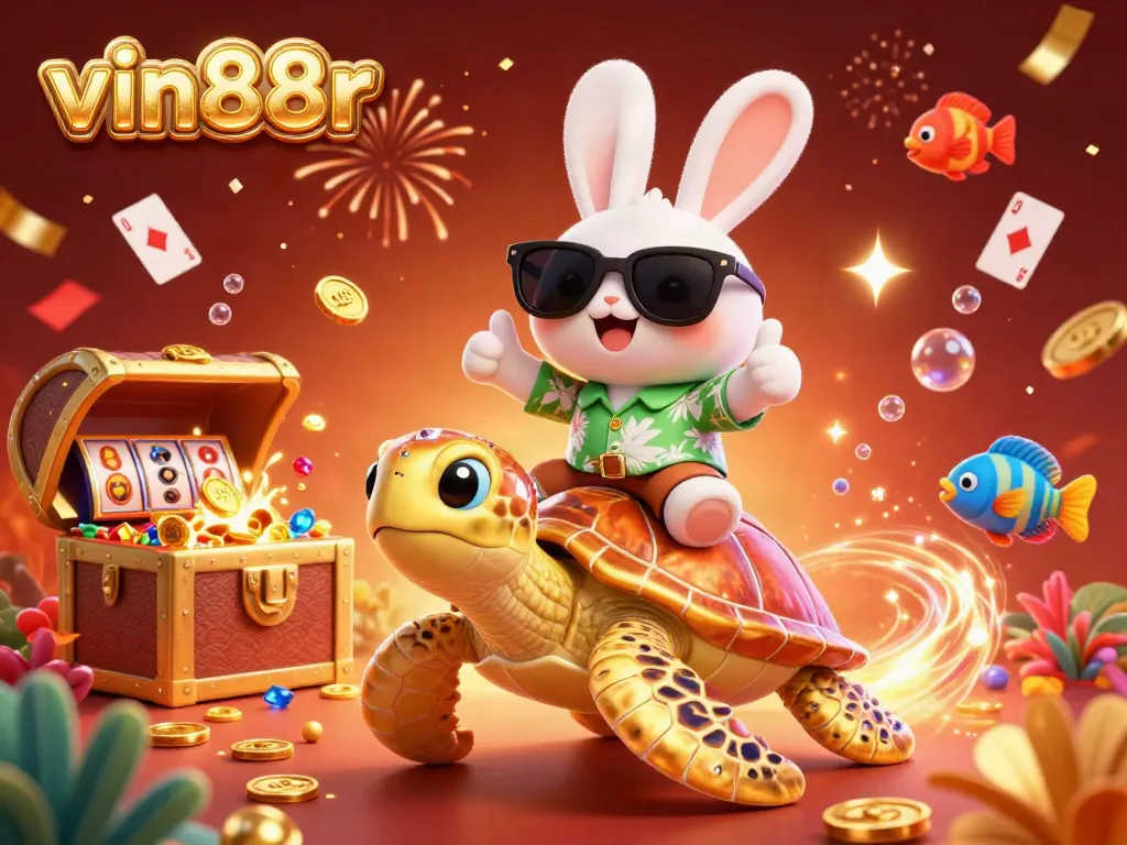 Join the fun at vin88r with a colorful 3D casino scene featuring a lucky rabbit and a golden turtle.