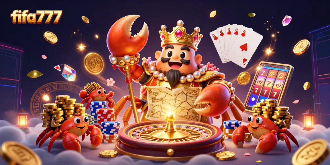 Bet big with fifa777, featuring a golden crab emperor surrounded by chips and coins in an exciting casino scene.