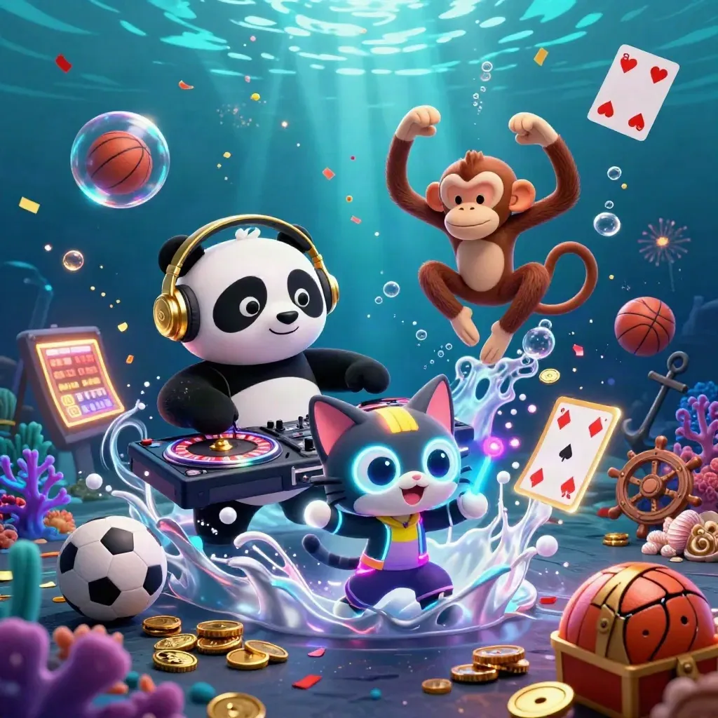 DJ panda, breakdancing monkey, and glow-stick kitten in an underwater treasure cove with neon casino glow.