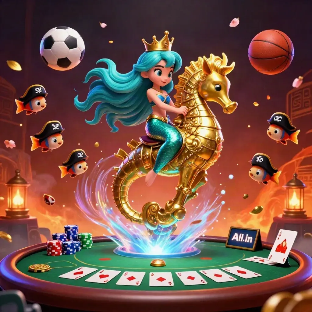 Mermaid princess rides an armored seahorse amid chips, cards, glowing orbs, embers, and fantasy fog.