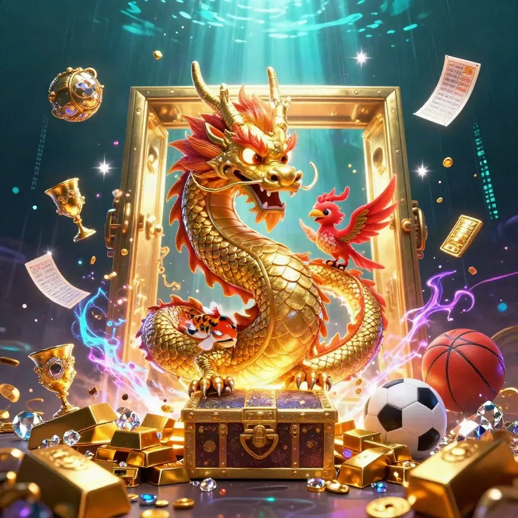 Golden dragon, phoenix, koi, and treasure burst from an open vault in neon underwater light.