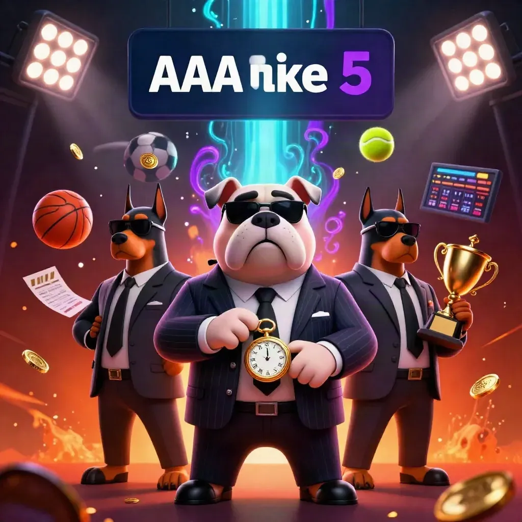 Bulldog boss and Doberman guards amid trophies, sports balls, coins, and neon casino energy.