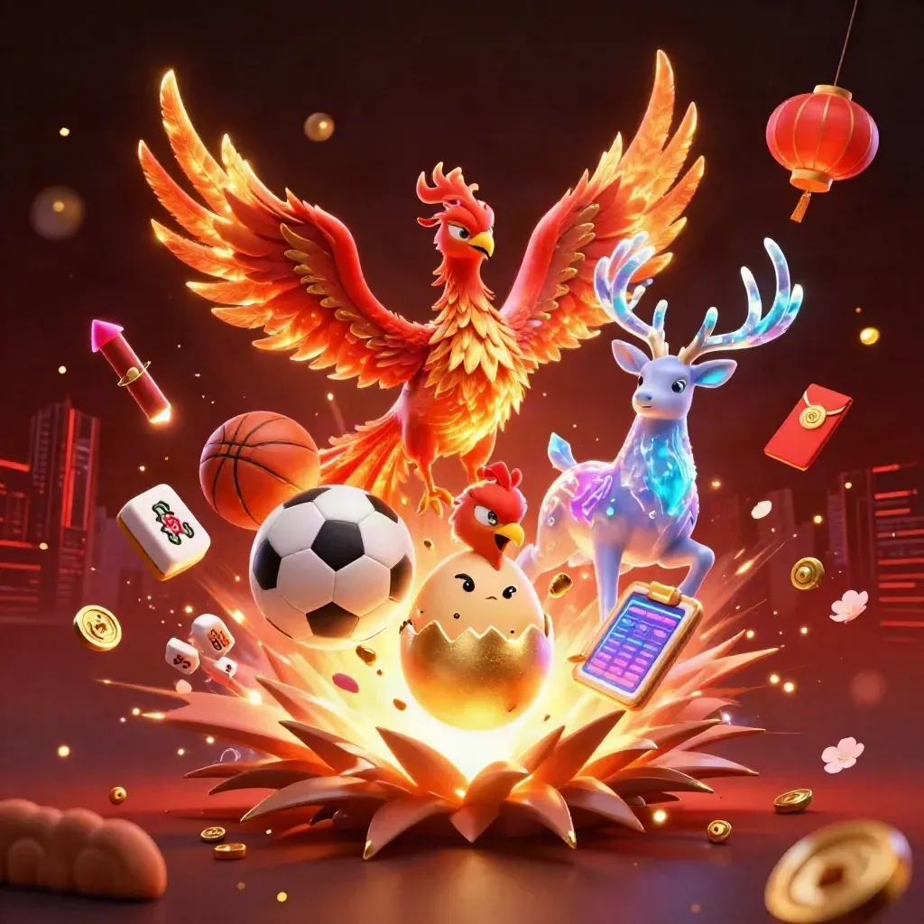 Low-angle fantasy casino splash with phoenix, stag, lanterns, coins and neon glow