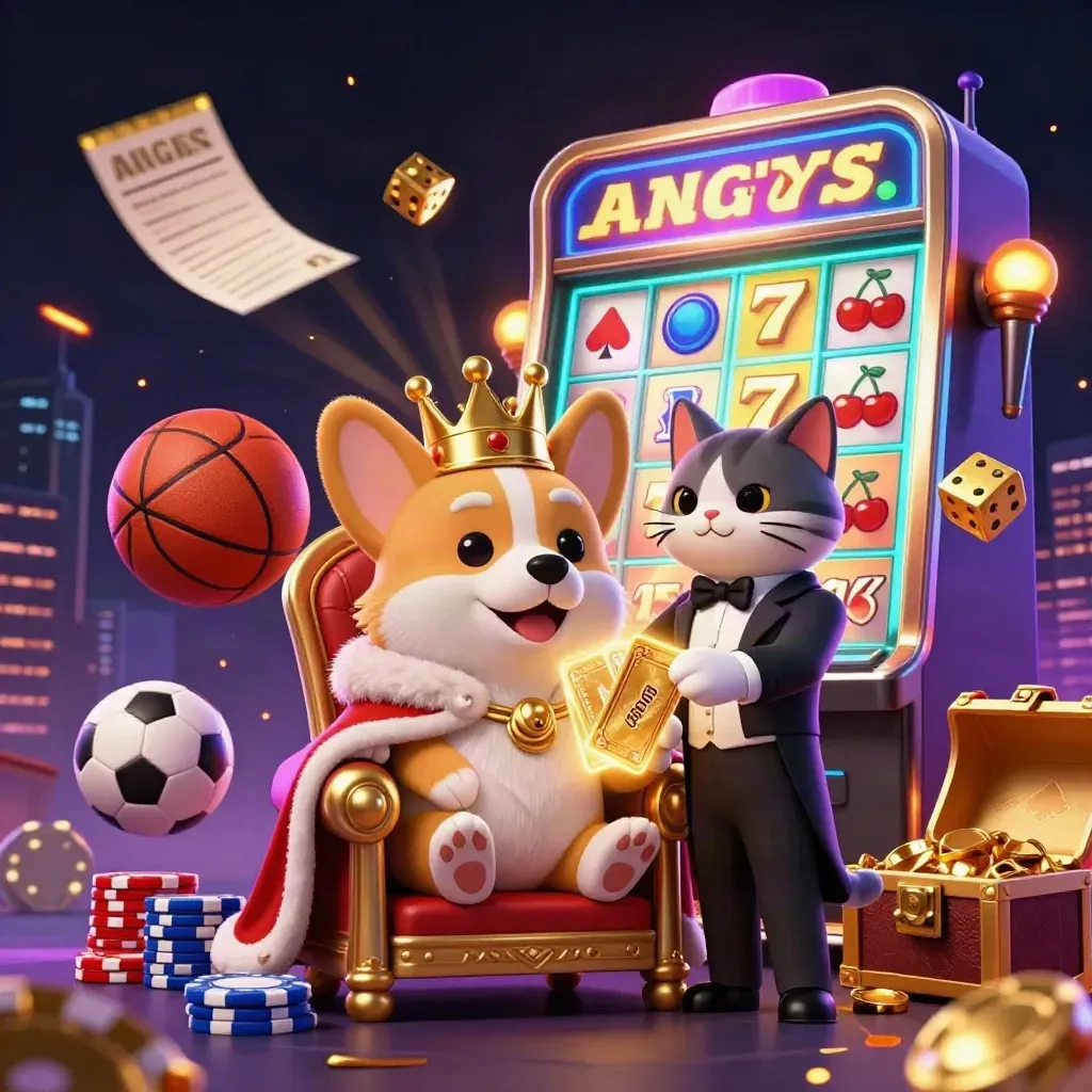 Royal corgi and cat butler amid a burst slot machine, gold dice, and neon casino glow.