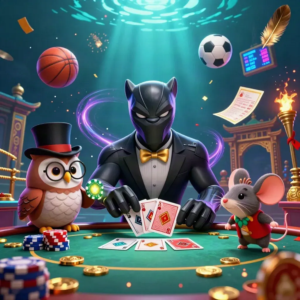 Panther, owl, and mouse in a neon casino fantasy with chips, cards, coins, and electric glow.
