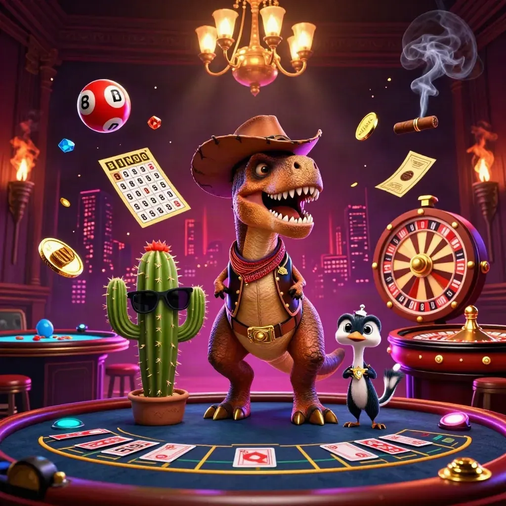 Cowboy T-Rex crew in a neon casino room with spinning wheel, lottery balls, smoke and gold sparkle