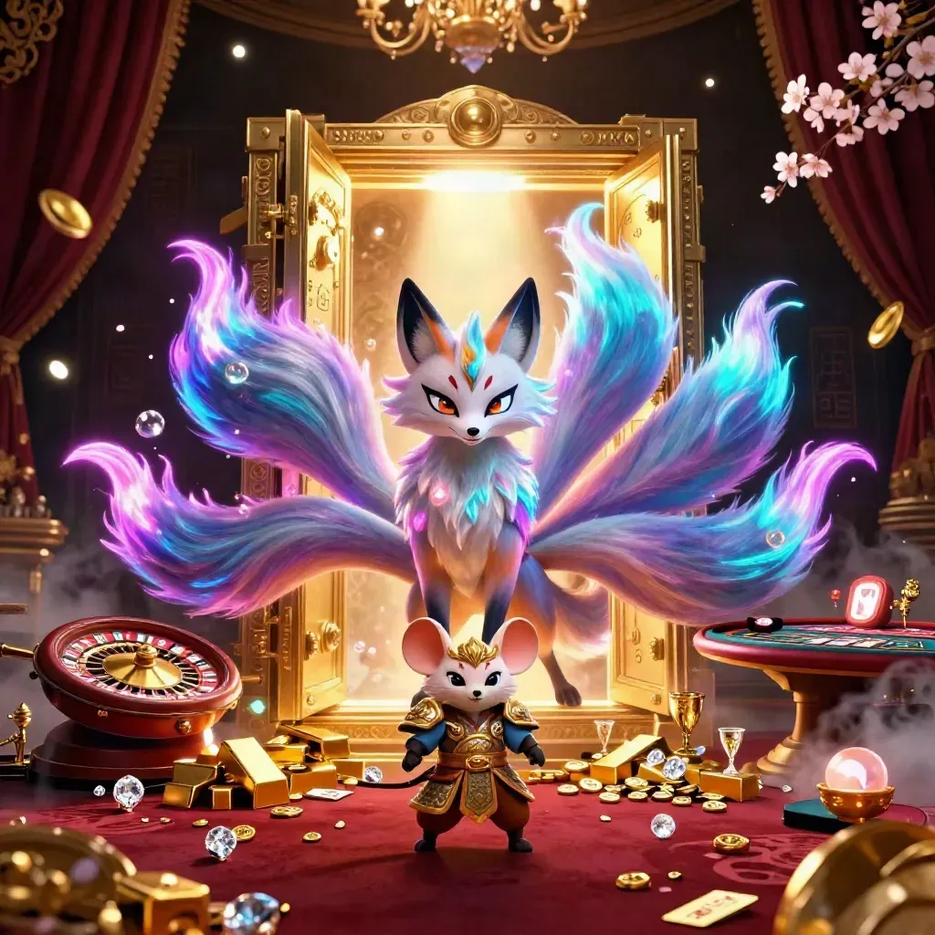 Fox spirit and armored mouse amid vault gold, roulette, cards, damask glow, and cinematic casino light